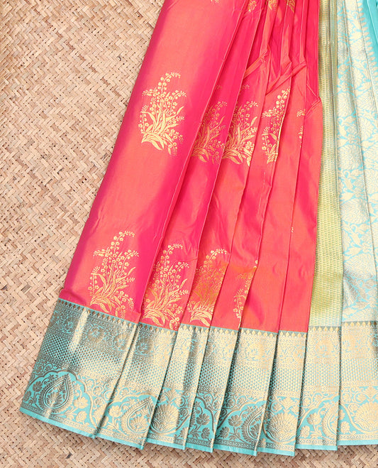 Orange Budget Silk Saree, Elevated with Zari Buttas, Contrast Traditional Zari Border, Grand Pallu, and a Contrast Blouse