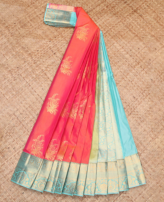 Orange Budget Silk Saree, Elevated with Zari Buttas, Contrast Traditional Zari Border, Grand Pallu, and a Contrast Blouse