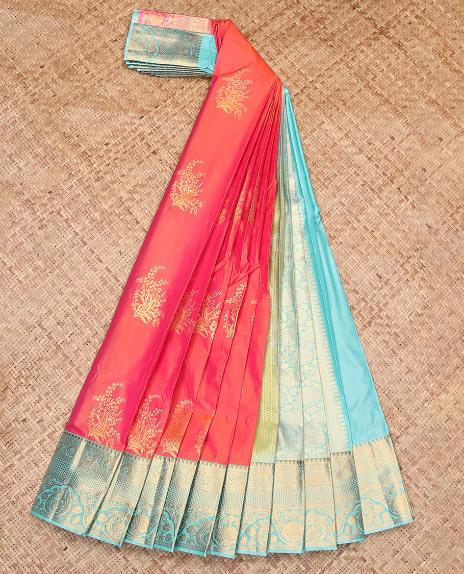 Orange Budget Silk Saree, Elevated with Zari Buttas, Contrast Traditional Zari Border, Grand Pallu, and a Contrast Blouse