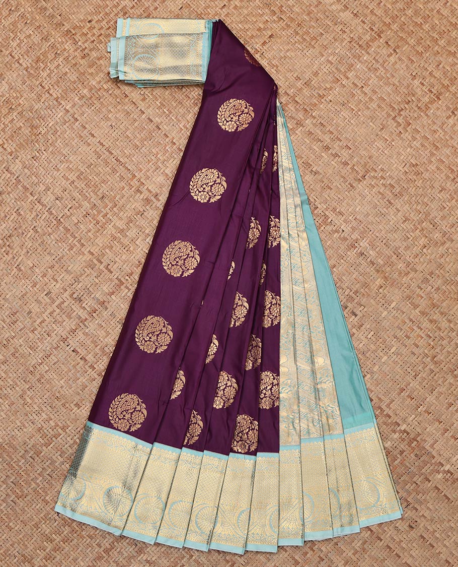 Brown Budget Silk Saree, Prettified with Round Zari Buttas, Complemented by Contrast Traditional Zari Border, Grand Pallu and a Contrast Blouse