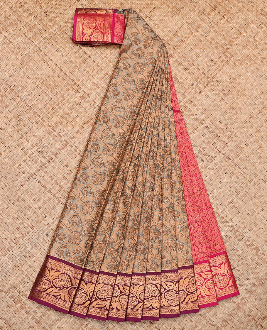 Grey Budget Silk Saree, Decked Up with Jacquard, Complemented by a Contrast Floral Creeper Zari Border, Grand Pallu, and a Contrast Blouse