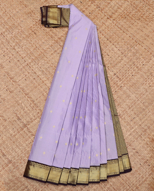 Lavender Budget Silk Saree, Beautifully Bedecked with Zari Buttas and Stripes, Complemented by a Contrast Traditional Zari Border, Jaal Pallu, and a Contrast Blouse