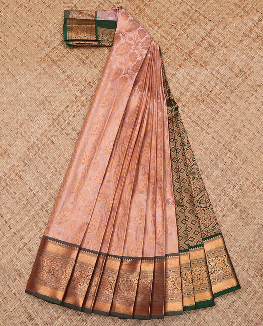 Peach Budget Silk Saree, Prettified  with Jacquard Design, Complemented by a Contrast Traditional Zari Border, Jaal Pallu, and Contrast Blouse