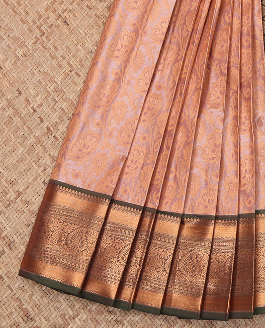 Peach Budget Silk Saree, Prettified  with Jacquard Design, Complemented by a Contrast Traditional Zari Border, Jaal Pallu, and Contrast Blouse