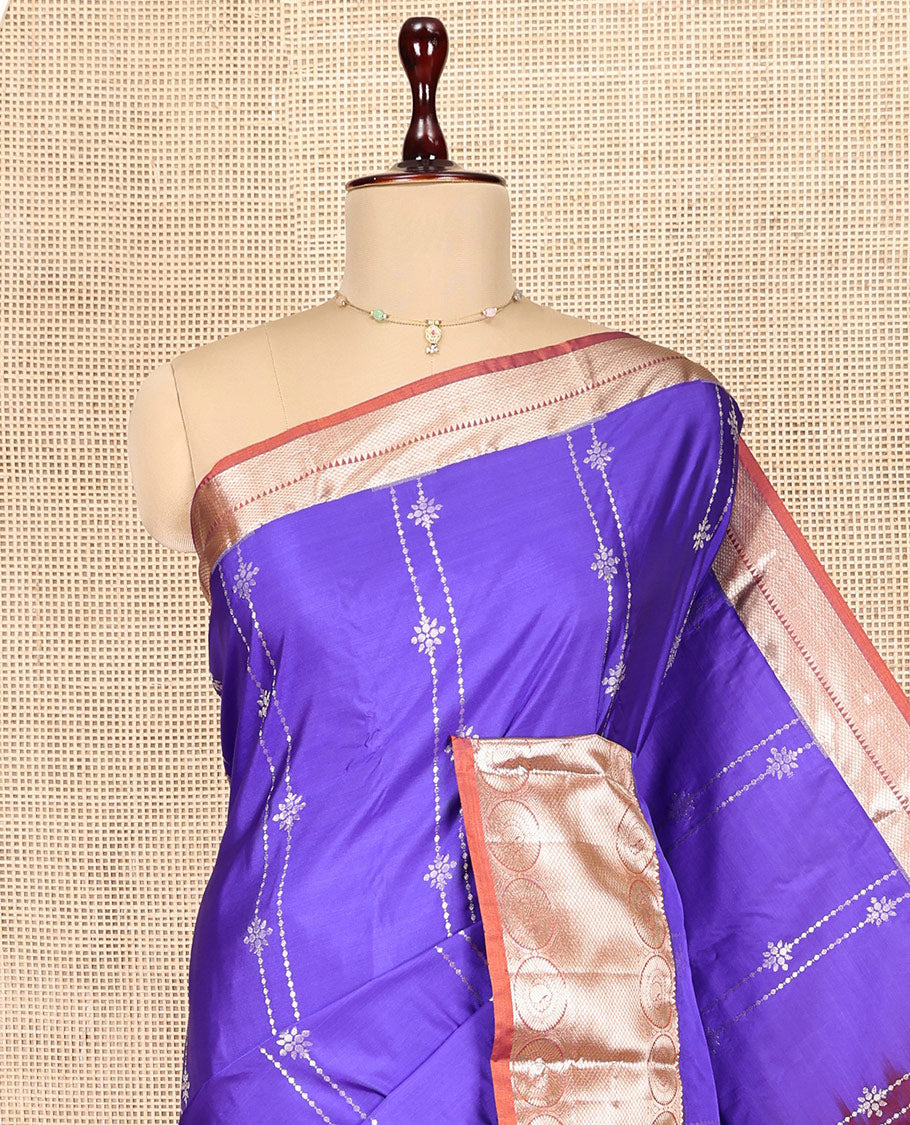 Violet Budget Silk Saree, Artfully Detailed with Zari Buttas, Complemented by a Contrast Traditional Border, Grand Jaal Pallu, and a Contrast Blouse