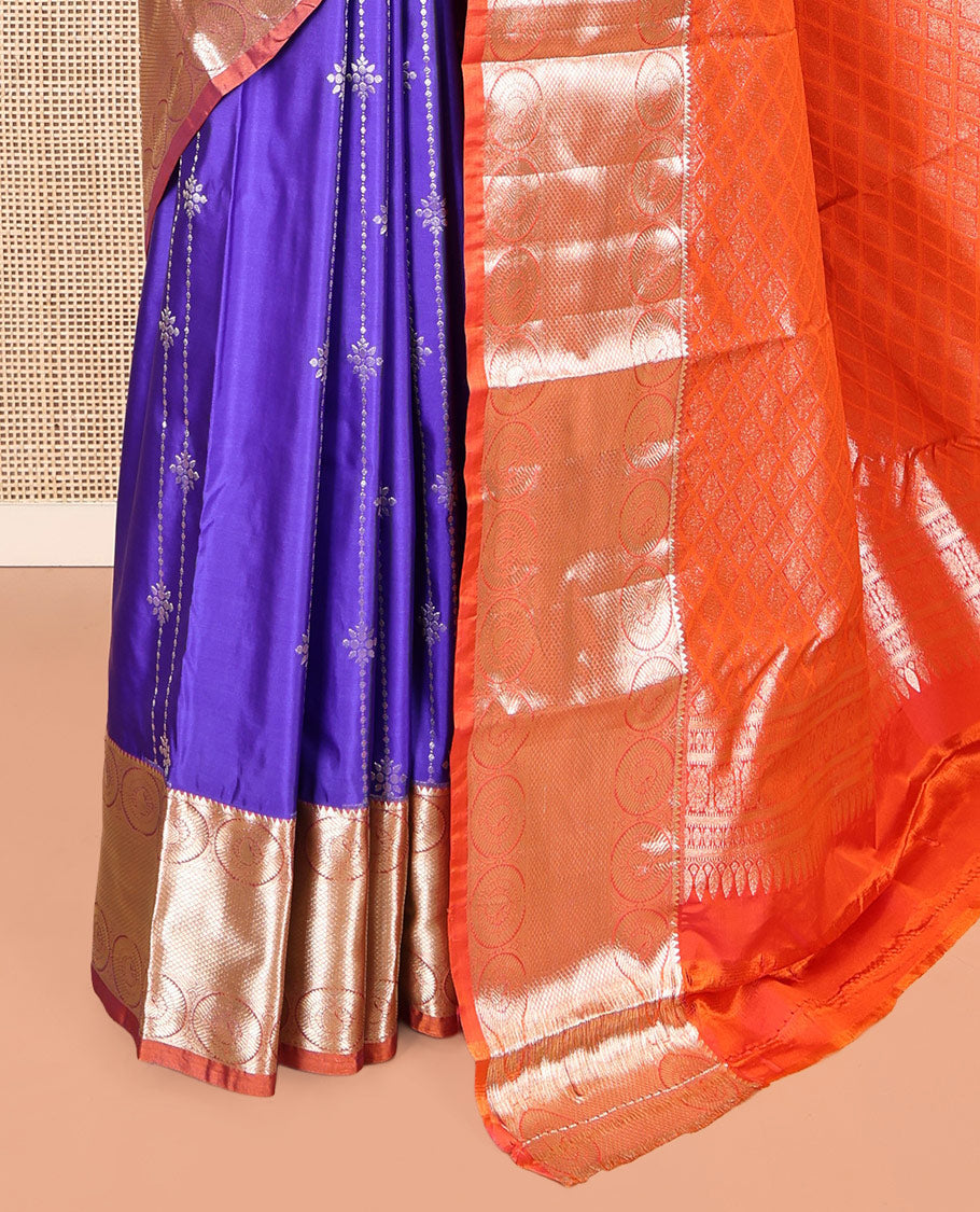 Violet Budget Silk Saree, Artfully Detailed with Zari Buttas, Complemented by a Contrast Traditional Border, Grand Jaal Pallu, and a Contrast Blouse