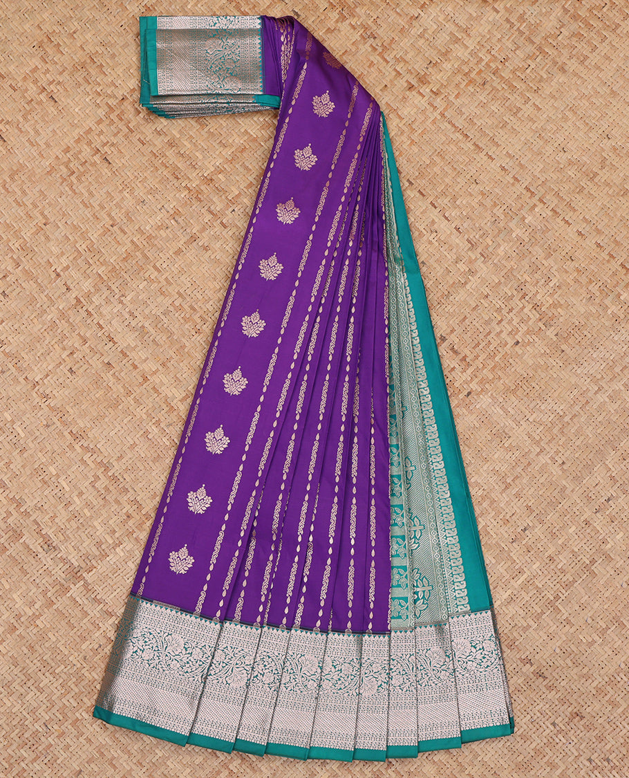 Violet Budget Silk Saree, Woven with Zari Designs, Complemented by a Contrast Traditional Zari Border, Floral Pallu, and a Contrast Blouse