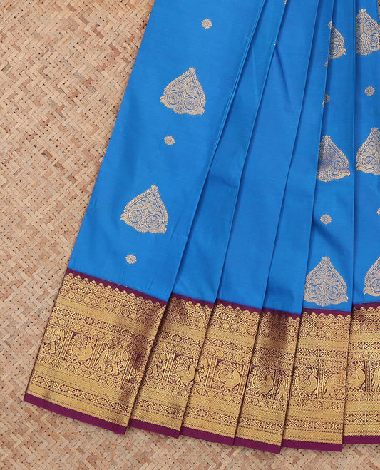 Blue Budget Silk Saree, Adorned with Zari Buttas, a Contrast Traditional Zari Border, a Grand Pallu and a Contrast Blouse