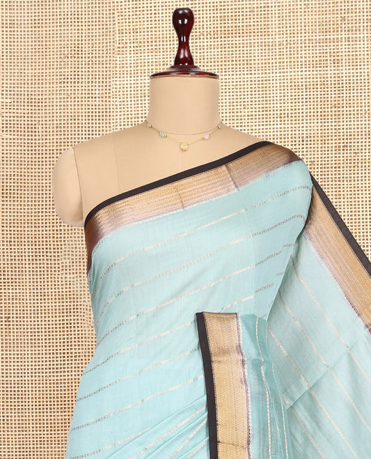 Blue Assam Silk Saree, Adorned with Zari Stripes, Complemented by Contrast Zari Border,  Zari Striped Pallu, and Contrast Blouse