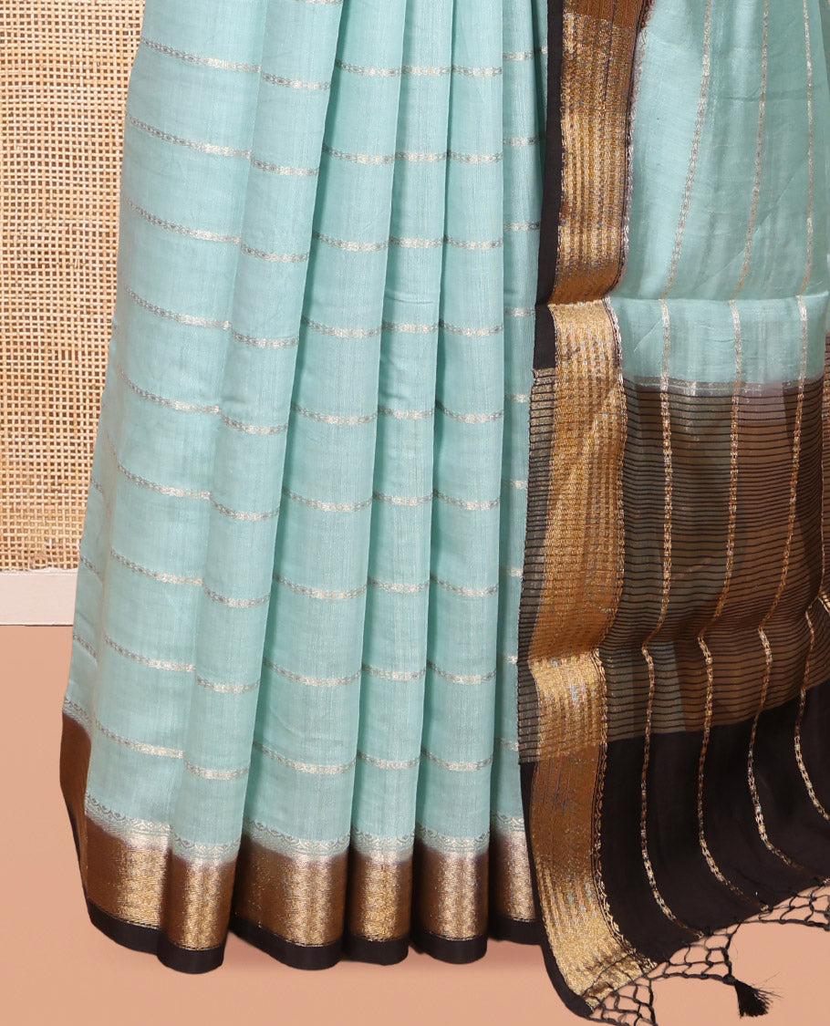 Blue Assam Silk Saree, Adorned with Zari Stripes, Complemented by Contrast Zari Border,  Zari Striped Pallu, and Contrast Blouse