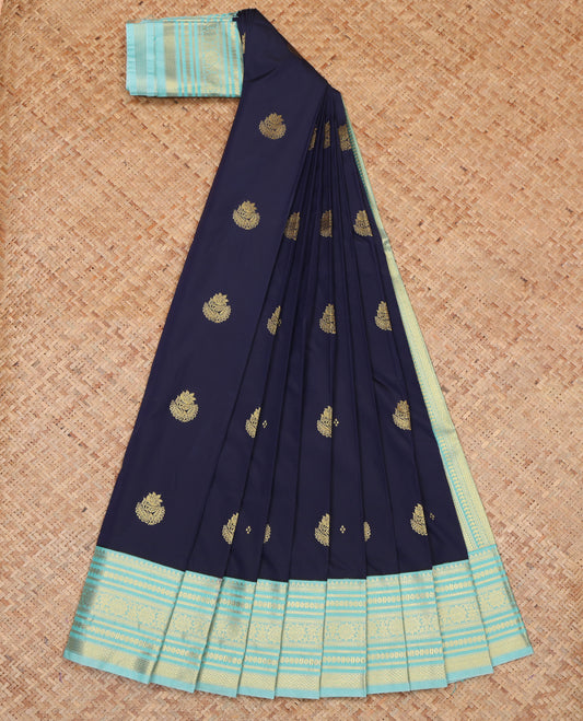 Navy Blue Budget Silk Saree, Woven with Zari Buttas, a Contrast Traditional Zari Border, Geometric Pallu, and a Contrast Blouse