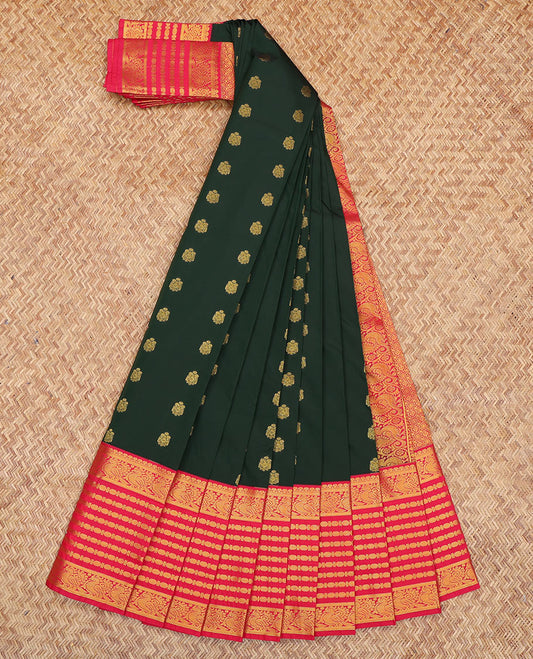 Green Budget Silk Saree, Spotlighted with Zari Buttas, a Contrast Traditional Zari Border, Grand Pallu, and a Contrast Blouse