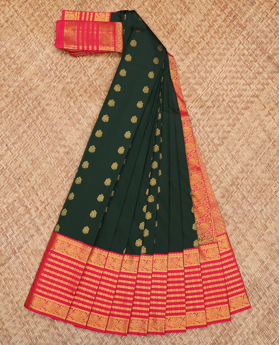 Green Budget Silk Saree, Spotlighted with Zari Buttas, a Contrast Traditional Zari Border, Grand Pallu, and a Contrast Blouse