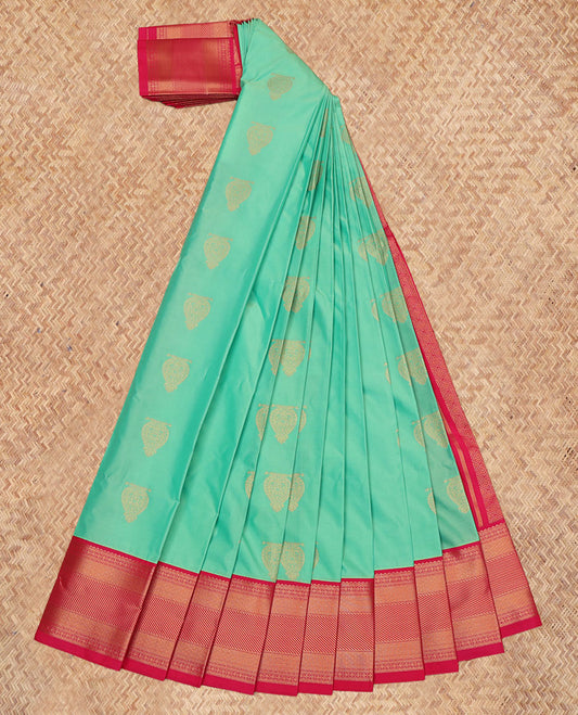 Turquoise Budget Silk Saree, Detailed with Zari Buttas, a Contrast Traditional Ganga-Jamuna Border, Intricate Pallu, and a Contrast Blouse