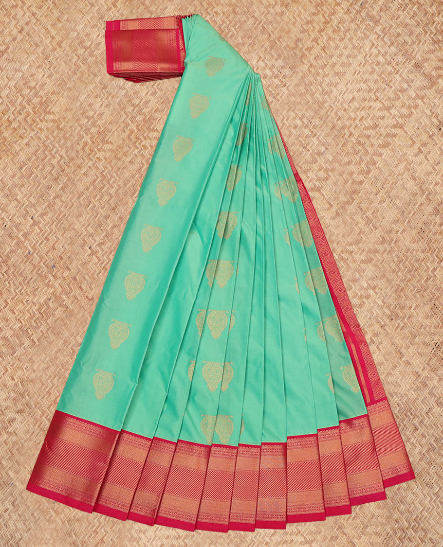 Turquoise Budget Silk Saree, Detailed with Zari Buttas, a Contrast Traditional Ganga-Jamuna Border, Intricate Pallu, and a Contrast Blouse