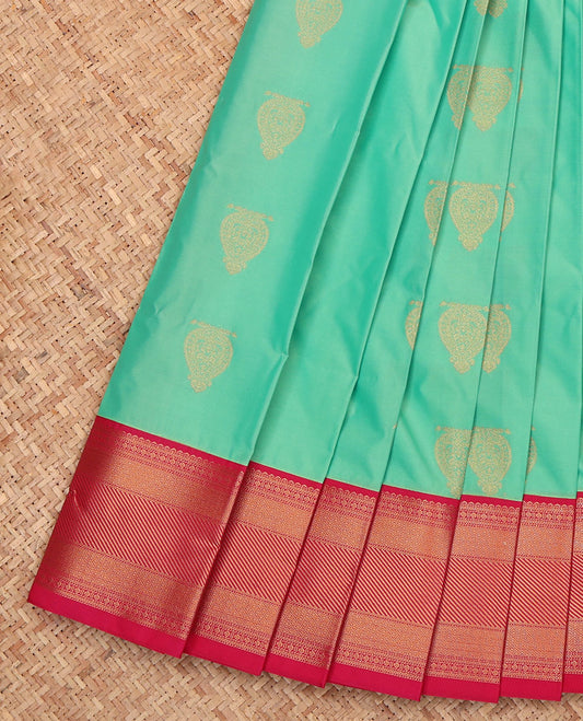 Turquoise Budget Silk Saree, Detailed with Zari Buttas, a Contrast Traditional Ganga-Jamuna Border, Intricate Pallu, and a Contrast Blouse