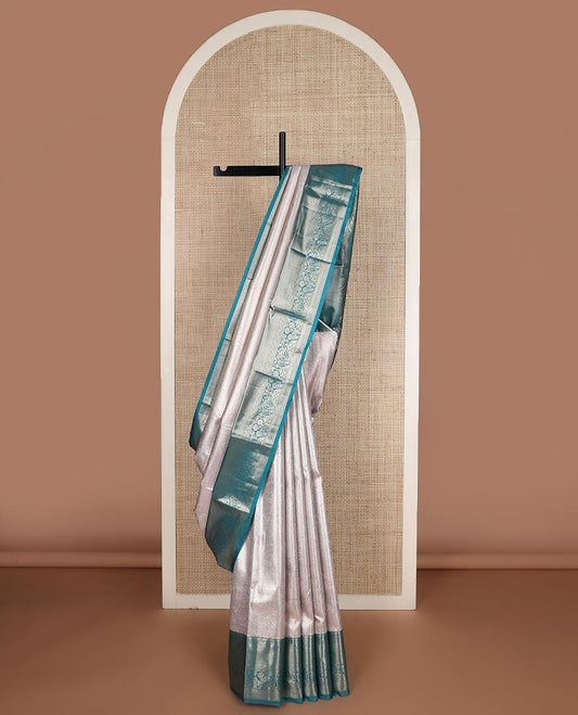 Ivory jacquard budget silk saree, contrast traditional zari border, and Mughal style zari woven pallu
