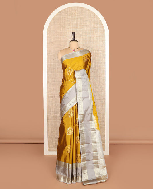 Gold zari buttas budget silk saree, contrast traditional zari motifs rettai pettu border, and jaal pallu