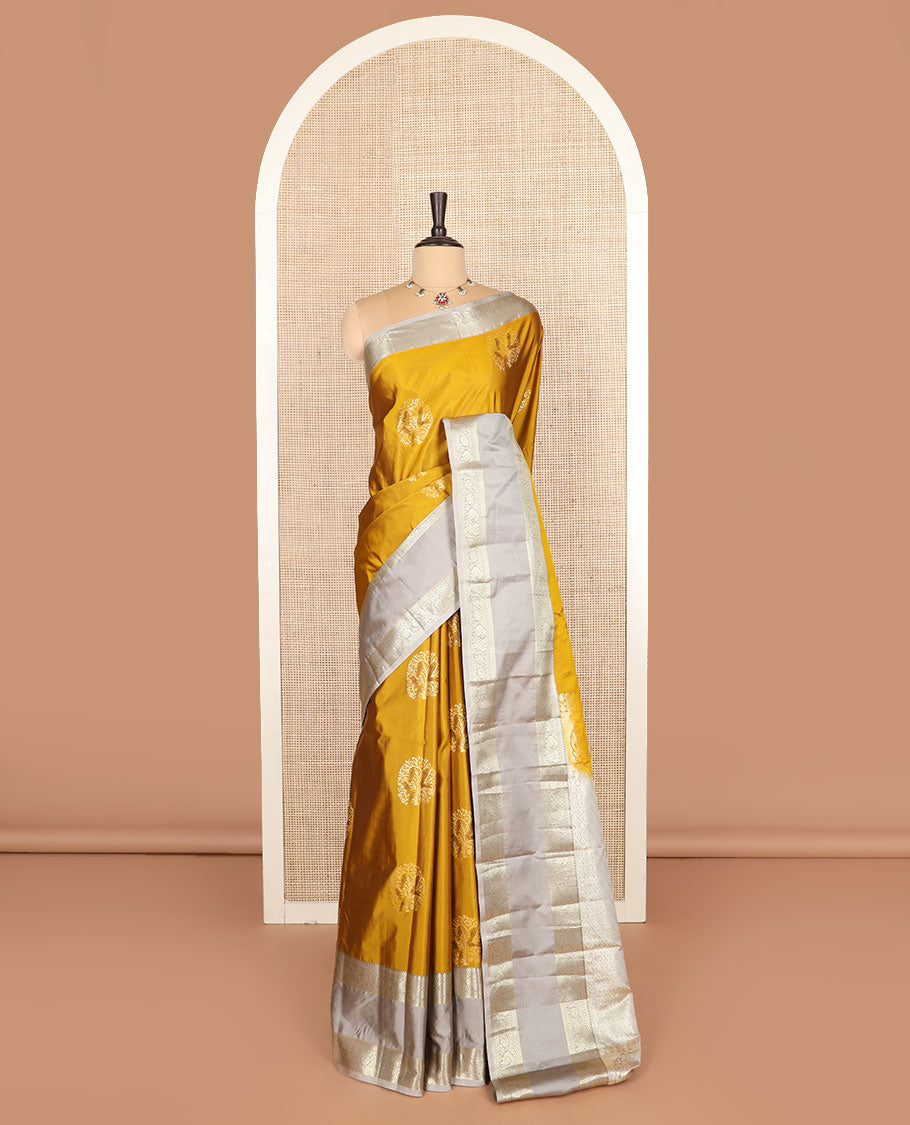 Gold zari buttas budget silk saree, contrast traditional zari motifs rettai pettu border, and jaal pallu