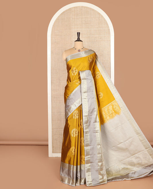 Gold zari buttas budget silk saree, contrast traditional zari motifs rettai pettu border, and jaal pallu