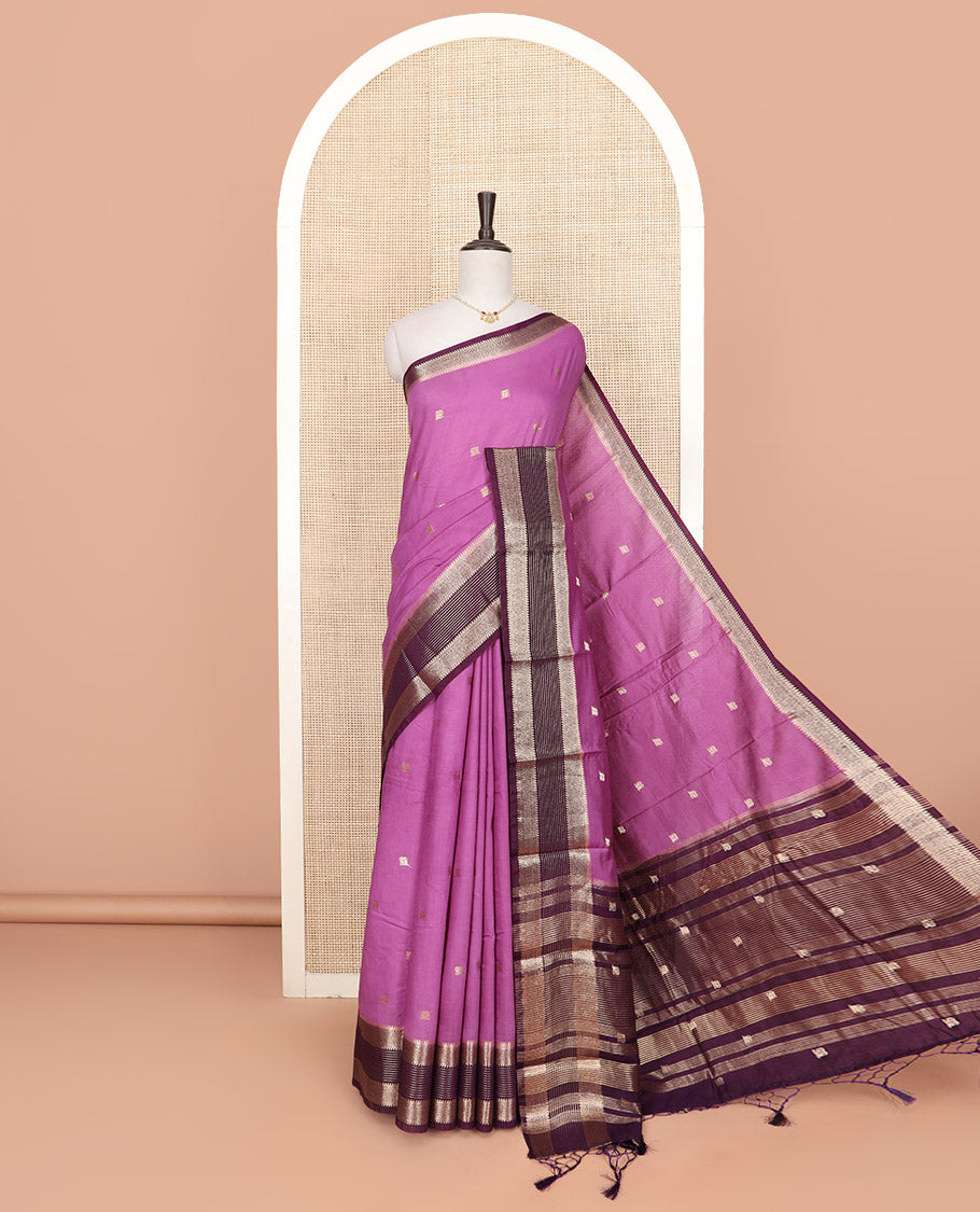 Pink peacock buttas Assam silk saree, contrast traditional zari border, and pallu of zari designs