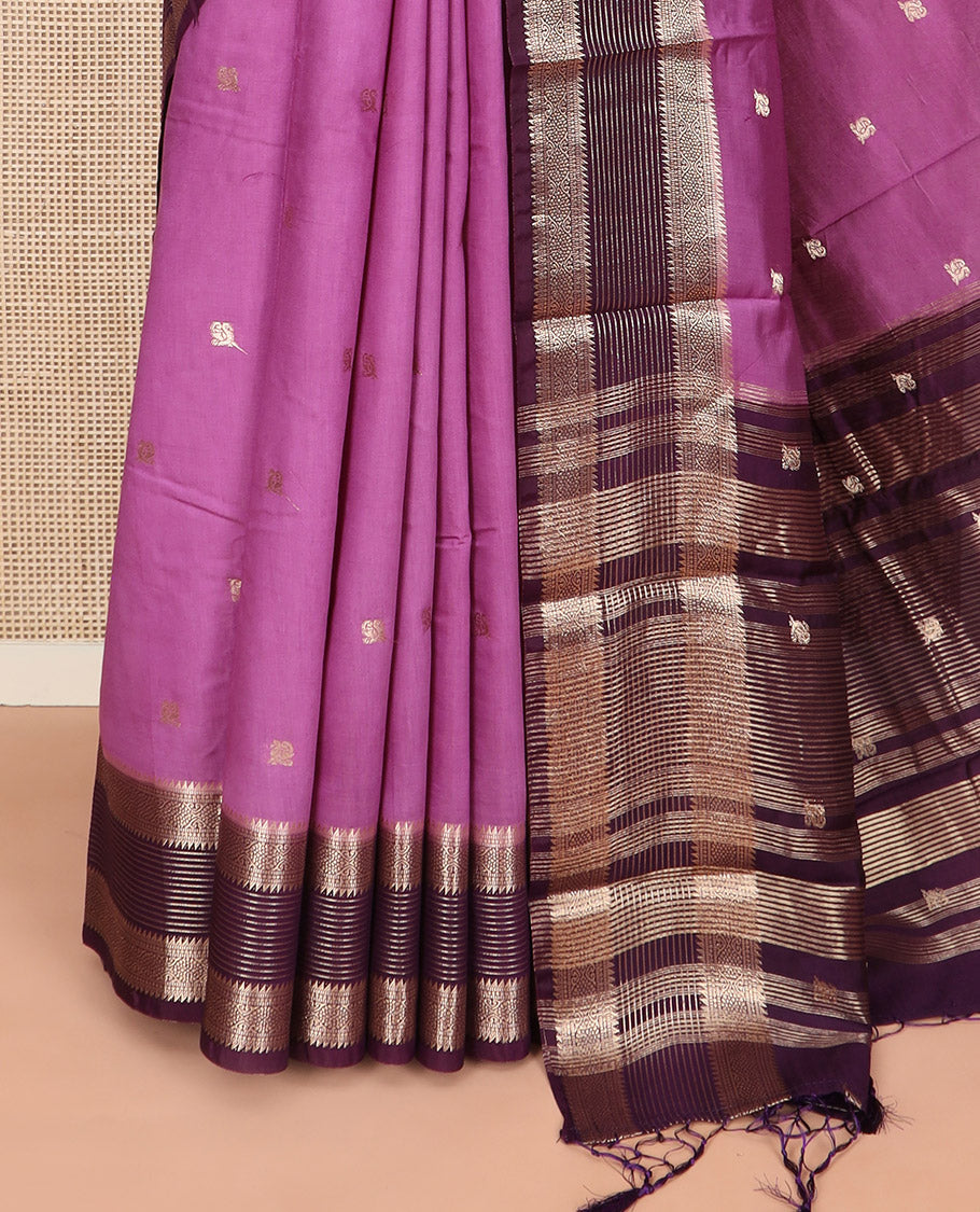 Pink peacock buttas Assam silk saree, contrast traditional zari border, and pallu of zari designs