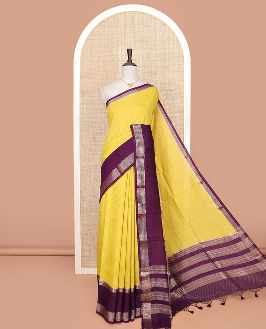 Yellow Assam Silk Saree Beautifully Sparkled with Zari Checks, Complemented by Contrast Zari Border of Triangle Motifs, a Gleaming Pallu of Zari Stripes, and Paired with a Contrast Blouse