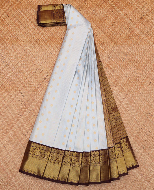 Off-White Budget Silk Saree, Woven with Zari Buttas and Zari Stripes on Its Body, Complemented by a Contrast Traditional Zari Design Border, Scintillating Jaal Pallu, and Paired with a Contrast Blouse