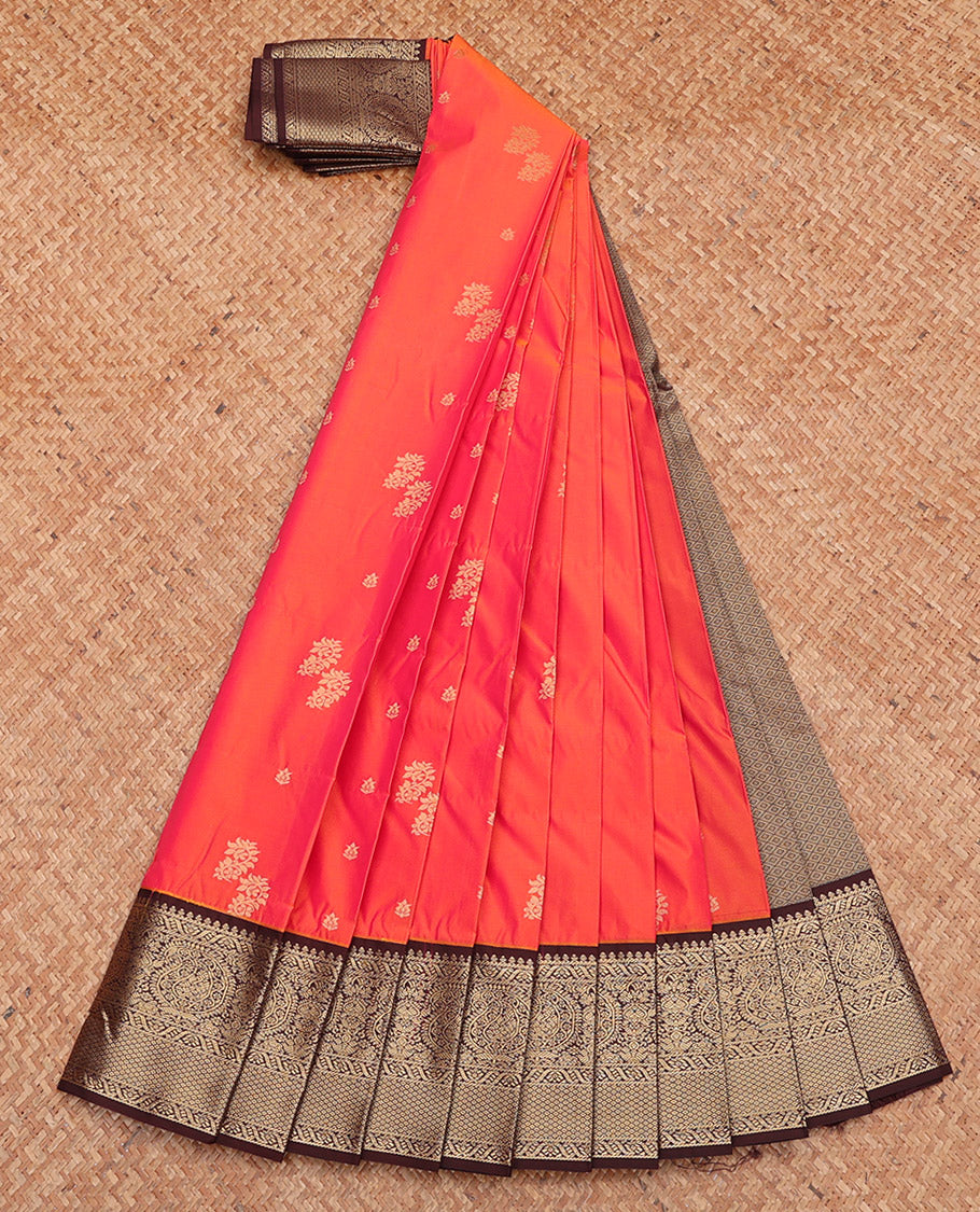 Orange Budget Silk Saree, Detailed with Zari Buttas, Complemented by a Contrast Traditional Zari Border, Intricate Pallu, and Contrast Blouse