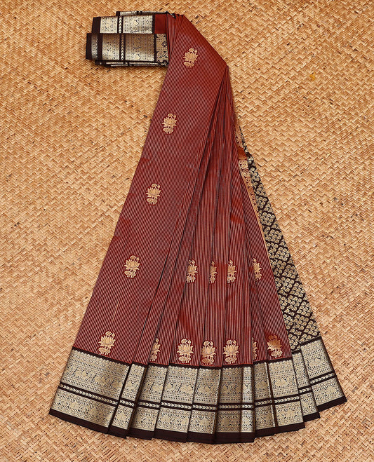 Maroon zari buttas and striped  budget silk saree, contrast traditional zari design border, and jaal pallu