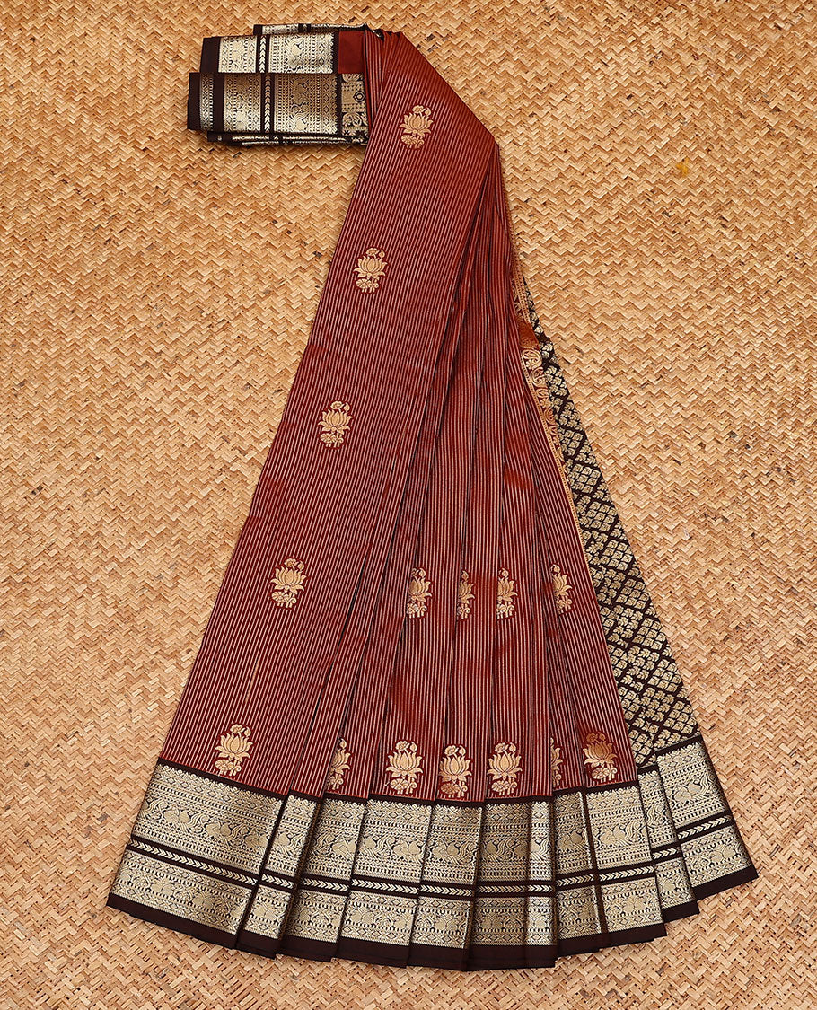 Maroon zari buttas and striped  budget silk saree, contrast traditional zari design border, and jaal pallu