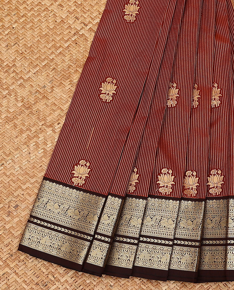 Maroon zari buttas and striped  budget silk saree, contrast traditional zari design border, and jaal pallu