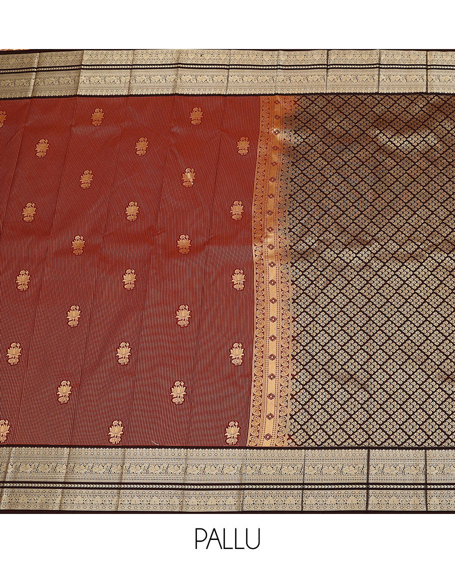 Maroon zari buttas and striped  budget silk saree, contrast traditional zari design border, and jaal pallu