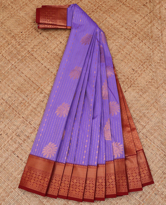 Violet zari design budget silk saree, contrast traditional zari border, and jaal pallu