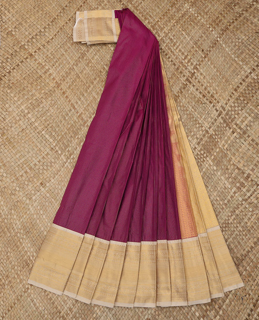 Purple Budget Silk Saree Finely Woven with Dotted Zari Stripes, Complemented with a Contrast Traditional Zari Design Border, Pallu of Diagonal Zari Design Weave, and Paired with a Contrast Blouse