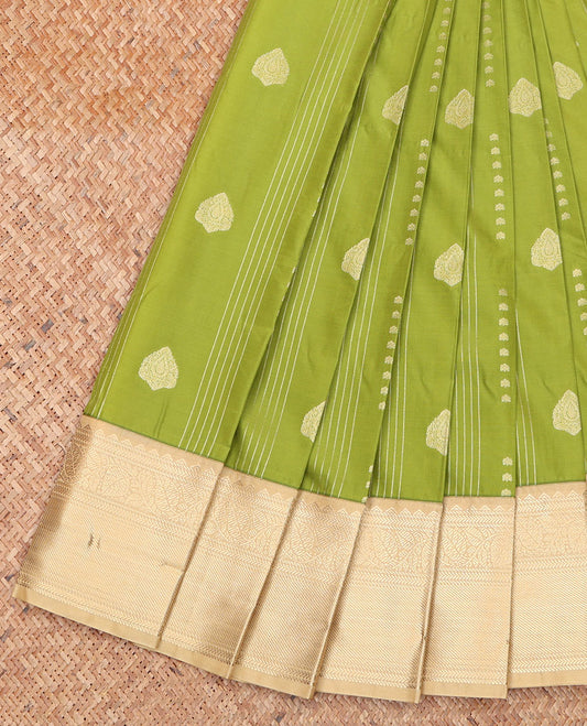 Green Budget Silk Saree, Subtly Enriched with Zari Buttas on Its Body, Complemented by a Contrast Traditional Zari Design Border, Geometric-Patterned Pallu, and Paired with a Contrast Blouse