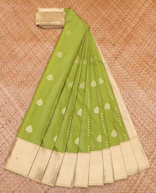 Green Budget Silk Saree, Subtly Enriched with Zari Buttas on Its Body, Complemented by a Contrast Traditional Zari Design Border, Geometric-Patterned Pallu, and Paired with a Contrast Blouse