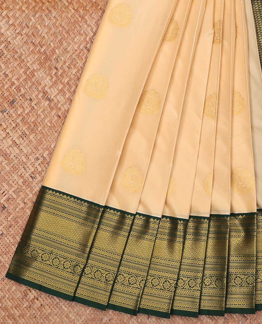 Sandal Budget Silk Saree, Ornamented with Zari Buttas on Its Body, Complemented by a Contrast Traditional Zari Design Border, Grand Jaal-Patterned Pallu, and Paired with a Contrast Blouse
