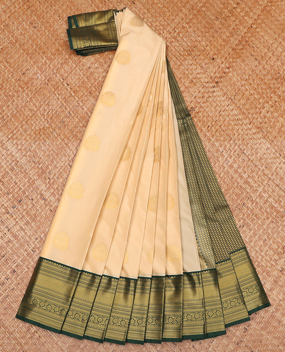 Sandal Budget Silk Saree, Ornamented with Zari Buttas on Its Body, Complemented by a Contrast Traditional Zari Design Border, Grand Jaal-Patterned Pallu, and Paired with a Contrast Blouse
