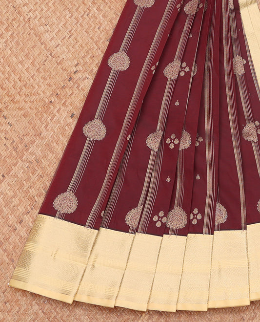 Brown Budget Silk Saree, Embellished with Zari Designs, Complemented by a Contrast Traditional Zari Border, Sparsely Woven Pallu, and a Contrast Blouse