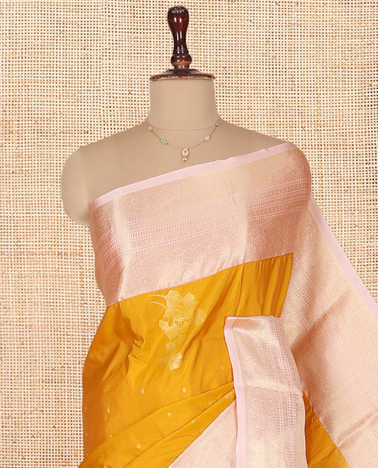 Yellow Budget Silk Saree, Highlighted with Zari Buttas on Its Body, Complemented by a Contrast Traditional Zari Design Border, Intricately Designed Pallu, and Paired with a Contrast Blouse