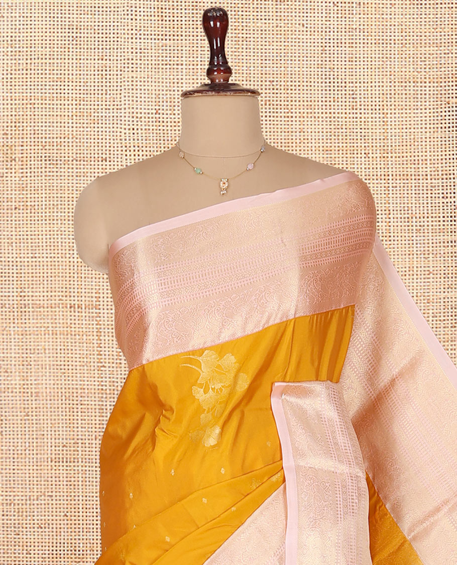 Yellow Budget Silk Saree, Highlighted with Zari Buttas on Its Body, Complemented by a Contrast Traditional Zari Design Border, Intricately Designed Pallu, and Paired with a Contrast Blouse
