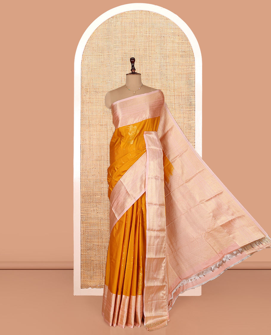 Yellow Budget Silk Saree, Highlighted with Zari Buttas on Its Body, Complemented by a Contrast Traditional Zari Design Border, Intricately Designed Pallu, and Paired with a Contrast Blouse