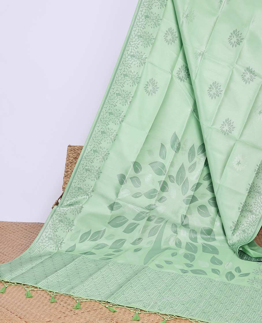 Peach floral printed butter silk saree with self-floral border & intricate design pallu