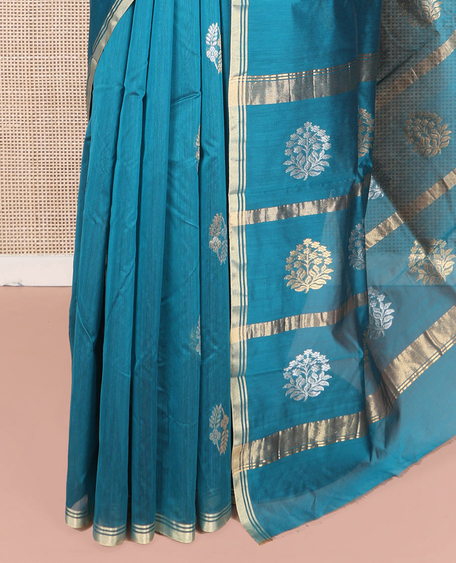 Blue Chanderi Cotton Saree, Decorated with Zari Buttas All Over Its Body, Highlighted by a Zari Piping Border, Pallu Steeped with Zari Buttas, and Paired with a Matching Blouse