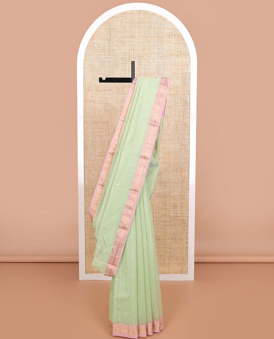 Mint green motifs chanderi cotton saree with contrast traditional zari design border & floral design pallu