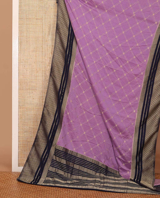 Purple jaal patterned fancy crepe saree, contrast traditional zari border & zari design pallu
