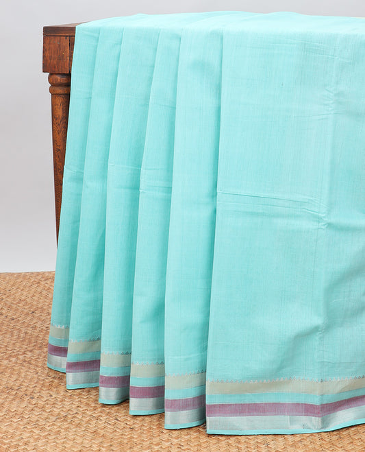 Light blue mangalagiri cotton saree with contrast striped border & multi-color striped pallu