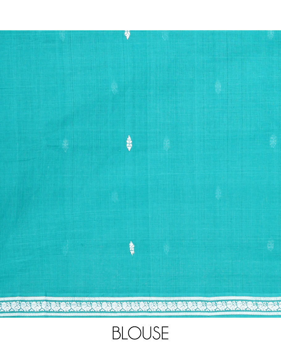 Blue thread buttas Andhra cotton saree, peacock design border, and contrast-checked pallu of buttas and stripes