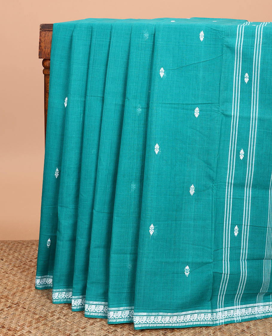 Blue thread buttas Andhra cotton saree, peacock design border, and contrast-checked pallu of buttas and stripes